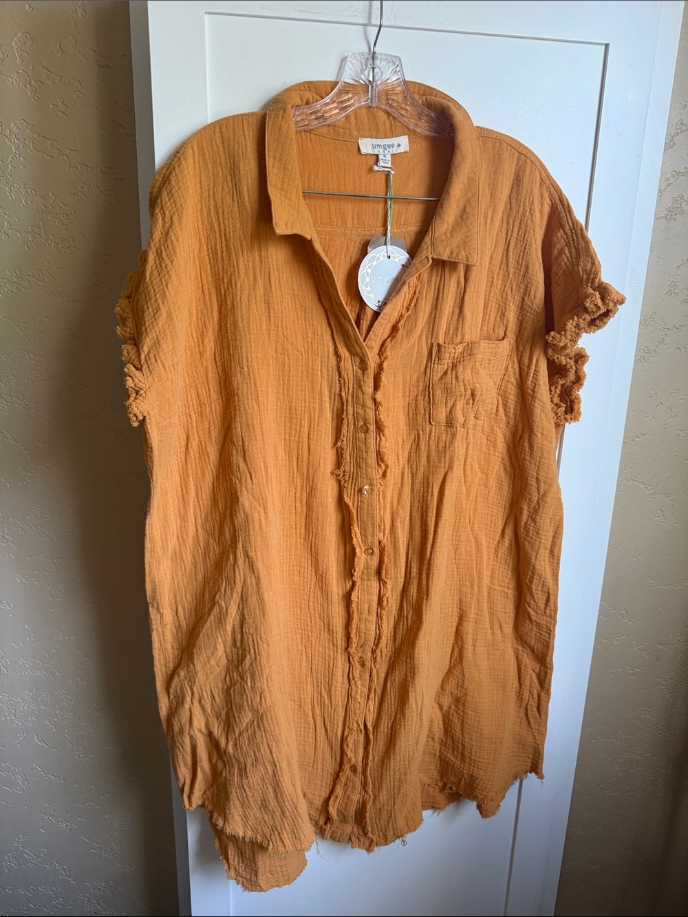 Umgee Plus Honey Cotton Gauze Mineral Wash Button Down Shirt Dress XL